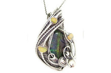 Load image into Gallery viewer, Blue-Green-Yellow Ammolite Pendant with Ethiopian Welo Opals in Sterling Silver