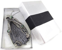 Load image into Gallery viewer, Black Kyanite Fan Pendant, Wire-Wrapped in Sterling Silver with Russian Seraphinite