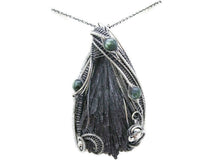 Load image into Gallery viewer, Black Kyanite Fan Pendant, Wire-Wrapped in Sterling Silver with Russian Seraphinite