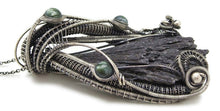 Load image into Gallery viewer, Black Kyanite Fan Pendant, Wire-Wrapped in Sterling Silver with Russian Seraphinite