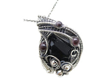 Load image into Gallery viewer, Black Tourmaline Pendant Necklace with Garnet, Wire-Wrapped in Sterling Silver