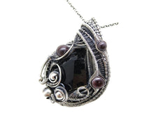Load image into Gallery viewer, Black Tourmaline Pendant Necklace with Garnet, Wire-Wrapped in Sterling Silver