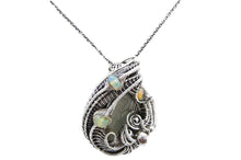 Load image into Gallery viewer, Blue Topaz Pendant Necklace, Wire-Wrapped in Sterling Silver with Ethiopian Welo Opals