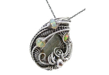 Load image into Gallery viewer, Blue Topaz Pendant Necklace, Wire-Wrapped in Sterling Silver with Ethiopian Welo Opals