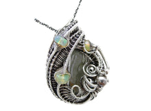 Load image into Gallery viewer, Blue Topaz Pendant Necklace, Wire-Wrapped in Sterling Silver with Ethiopian Welo Opals