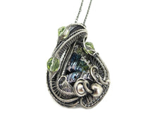 Load image into Gallery viewer, Bismuth Crystal Pendant with UV-Reactive Glass, Sterling Silver Wire Wrap