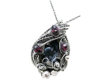 Load image into Gallery viewer, Cultured Black Freshwater Pearl Pendant with Rhodolite Garnet, Sterling silver Wire Wrap