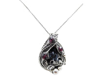 Load image into Gallery viewer, Cultured Black Freshwater Pearl Pendant with Rhodolite Garnet, Sterling silver Wire Wrap