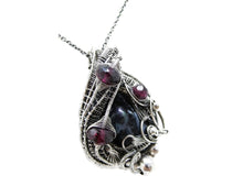 Load image into Gallery viewer, Cultured Black Freshwater Pearl Pendant with Rhodolite Garnet, Sterling silver Wire Wrap