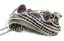 Load image into Gallery viewer, Cultured Black Freshwater Pearl Pendant with Rhodolite Garnet, Sterling silver Wire Wrap