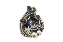 Load image into Gallery viewer, Cultured Black Freshwater Pearl Pendant with Rhodolite Garnet, Sterling silver Wire Wrap