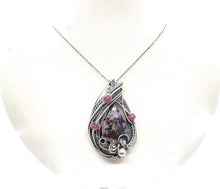 Load image into Gallery viewer, UV-Fluorescent, Franklinite/Willemite Pendant, Wire-Wrapped in Sterling Silver with Pink Sapphire