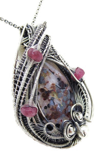 UV-Fluorescent, Franklinite/Willemite Pendant, Wire-Wrapped in Sterling Silver with Pink Sapphire