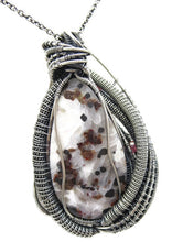 Load image into Gallery viewer, UV-Fluorescent, Franklinite/Willemite Pendant, Wire-Wrapped in Sterling Silver with Pink Sapphire
