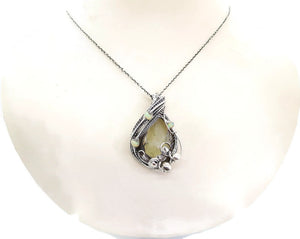 Libyan Desert Glass & Ethiopian Welo Opal Pendant, Wire-Wrapped in Sterling Silver