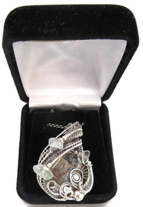 UV-Fluorescent, Mexican Hyalite Opal Wire-Wrapped Pendant in Sterling Silver with Fluorite