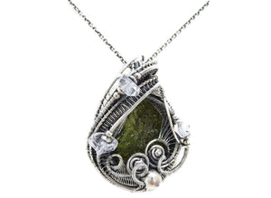 Moldavite Pendant in Sterling Silver with Herkimer Diamonds