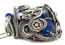Load image into Gallery viewer, Blue Spirit Level Steampunk Pendant with Swarovski Crystal, Wire-Wrapped in Sterling Silver
