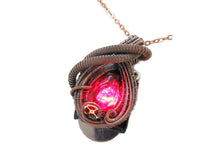 Load image into Gallery viewer, Steampunk Resin Gem Pendant with Light in Crimson, Wire-Wrapped in Bronze