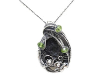Load image into Gallery viewer, Black Tektite Pendant with Peridot, Sterling Silver Wire Wrap