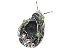 Load image into Gallery viewer, Black Tektite Pendant with Peridot, Sterling Silver Wire Wrap