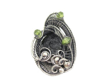 Load image into Gallery viewer, Black Tektite Pendant with Peridot, Sterling Silver Wire Wrap