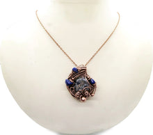 Load image into Gallery viewer, UV-Fluorescent, Yooperlite (Sodalite) Pendant, Wire-Wrapped in Copper with Lapis Lazuli