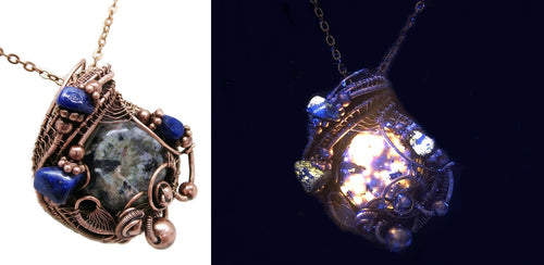 UV-Fluorescent, Yooperlite (Sodalite) Pendant, Wire-Wrapped in Copper with Lapis Lazuli