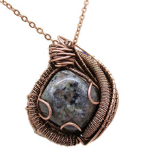 Load image into Gallery viewer, UV-Fluorescent, Yooperlite (Sodalite) Pendant, Wire-Wrapped in Copper with Lapis Lazuli