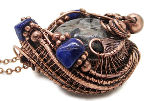 UV-Fluorescent, Yooperlite (Sodalite) Pendant, Wire-Wrapped in Copper with Lapis Lazuli
