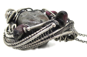 UV-Fluorescent, Yooperlite (Sodalite) Pendant, Wire-Wrapped in Sterling Silver with Ruby Zoisite
