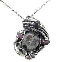 Load image into Gallery viewer, UV-Fluorescent, Yooperlite (Sodalite) Pendant, Wire-Wrapped in Sterling Silver with Ruby Zoisite