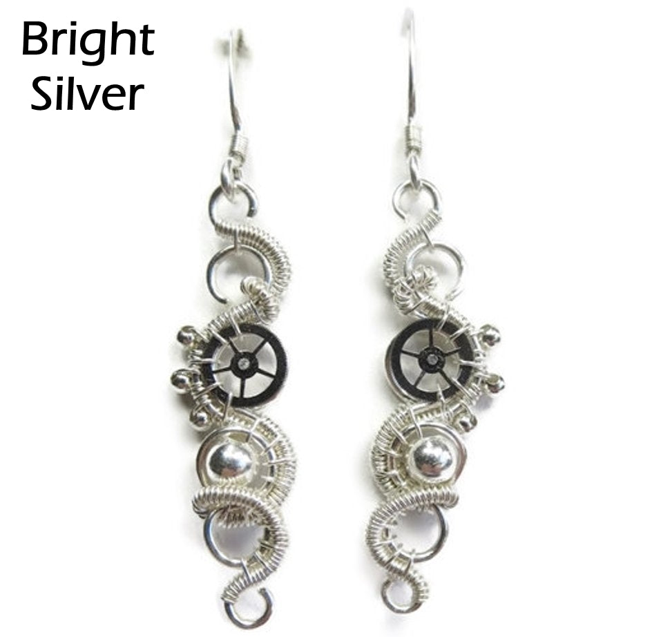 gear earrings Sterling Silver Steampunk Earrings; Wire-Wrapped– Heather Jordan Jewelry