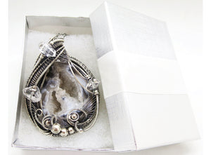 Agate Double-Geode Pendant with Herkimer Diamonds in Sterling Silver
