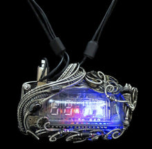 Load image into Gallery viewer, 4-Bit Binary Counter Necklace with Upcycled Electronic/Watch Parts, Steampunk/Cyberpunk Fusion