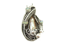 Load image into Gallery viewer, Cream Pearl Pendant with Ethiopian Opals, Wire-Wrapped in Sterling Silver