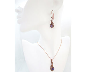 Custom Gemstone and Copper Wire-Wrapped Necklace & Earrings Set; "Comet" Model
