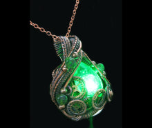 Load image into Gallery viewer, Green Teardrop Screened Resin Gem LED Steampunk Pendant in Bronze