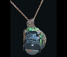 Load image into Gallery viewer, Green Teardrop Screened Resin Gem LED Steampunk Pendant in Bronze