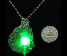 Load image into Gallery viewer, Green Teardrop Screened Resin Gem LED Steampunk Pendant in Bronze