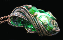 Load image into Gallery viewer, Green Teardrop Screened Resin Gem LED Steampunk Pendant in Bronze