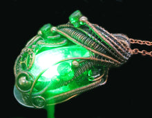 Load image into Gallery viewer, Green Teardrop Screened Resin Gem LED Steampunk Pendant in Bronze