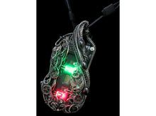 Load image into Gallery viewer, Iridescent Chip Steampunk/Cyberpunk Fusion Necklace with Upcycled Watch Parts & LEDs