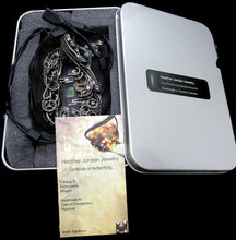 Load image into Gallery viewer, Iridescent Chip Steampunk/Cyberpunk Fusion Necklace with Upcycled Watch Parts & LEDs