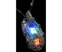 Load image into Gallery viewer, Iridescent Chip Steampunk/Cyberpunk Fusion Necklace with Upcycled Watch Parts & LEDs
