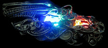 Load image into Gallery viewer, Iridescent Chip Steampunk/Cyberpunk Fusion Necklace with Upcycled Watch Parts & LEDs