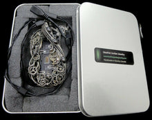 Load image into Gallery viewer, Iridescent Chip Steampunk/Cyberpunk Fusion Necklace with Upcycled Watch Parts & LEDs
