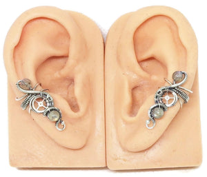 "Rolling Wave" Sterling Silver Steampunk Ear Cuff with Custom Gemstone