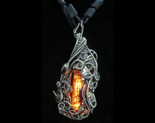 Load image into Gallery viewer, Orange Nixie Tube Cyberpunk Necklace with Upcycled Electronic and Watch Parts