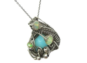 Peruvian Blue Opal Wire-Wrapped Pendant with Ethiopian Welo Opals